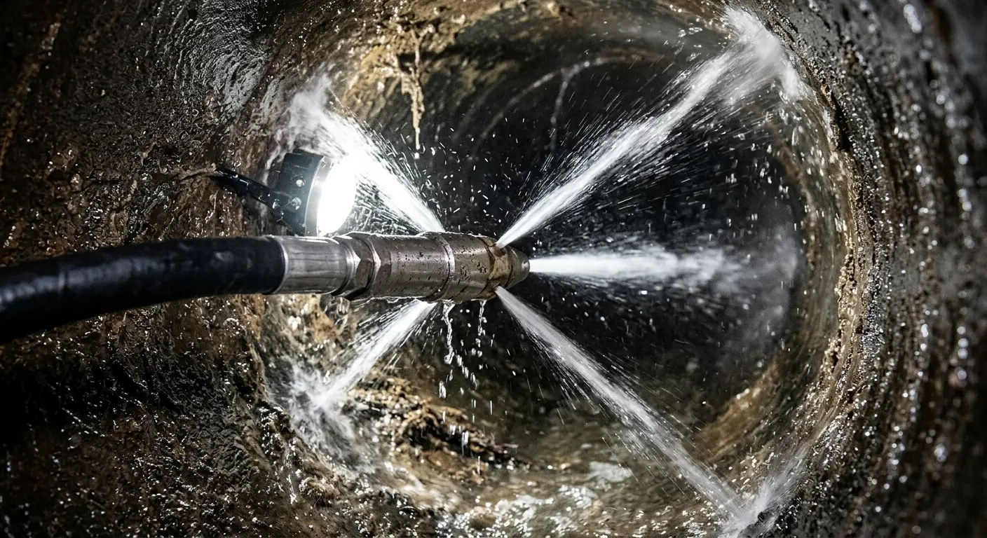 High-pressure hydro jetting nozzle cleaning sewer pipe for Sewer Line Relining in Warwick
