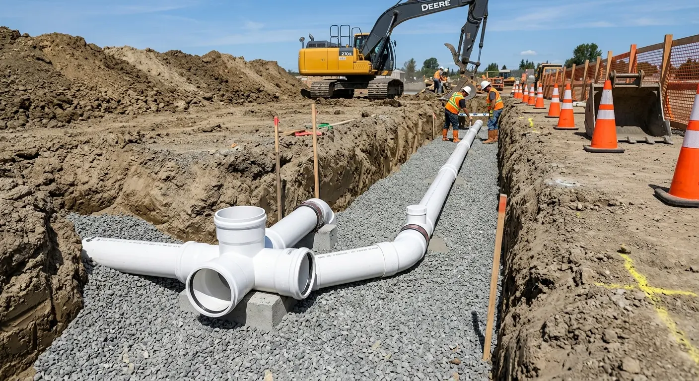 New PVC sewer pipe installation in open trench for Commercial Drain Cleaning in Warwick