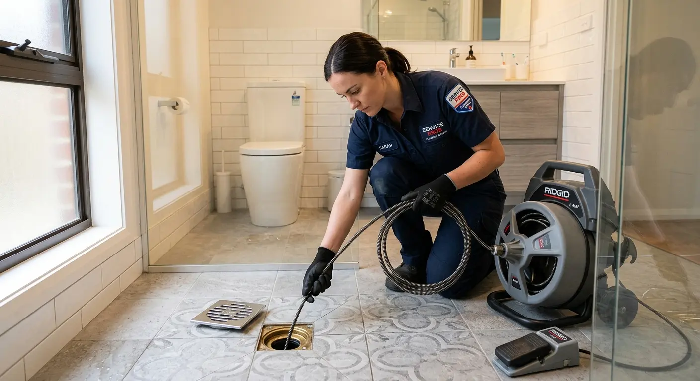 Technician clearing a bathroom floor drain for Sewer Line Installation in Warwick